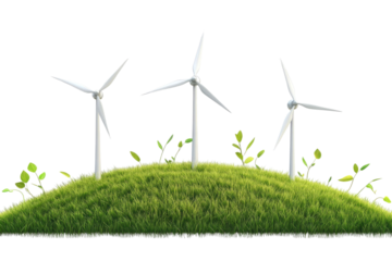 Wind turbines and grassy hills flora isolated against transparent background. Natural energy concept PNG

