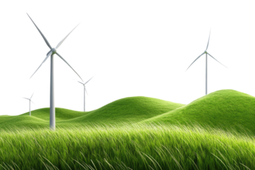 Wind turbines and grassy hills flora isolated against transparent background. Natural energy concept PNG

