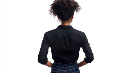 Rear view of young african female in black shirt with curly hair against white background