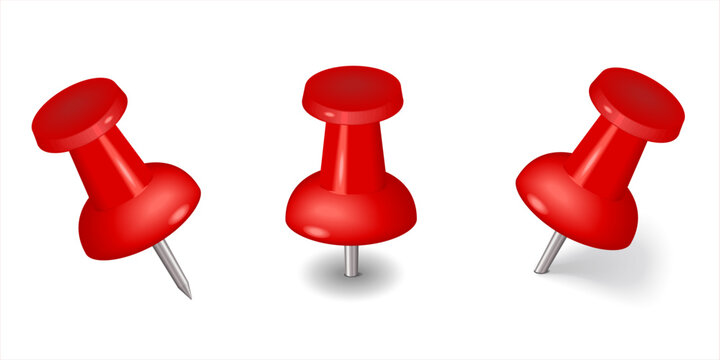 The red colorful thumbtacks set. Red pushpin  isolated on transparent background. Office stationery. Pins tacks. Realistic pushpins. Glossy plastic pin tacks. Vector 3d illustration.