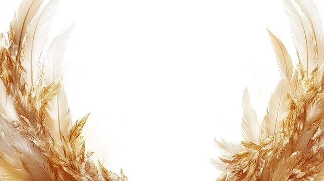 Golden feathers frame on white background.