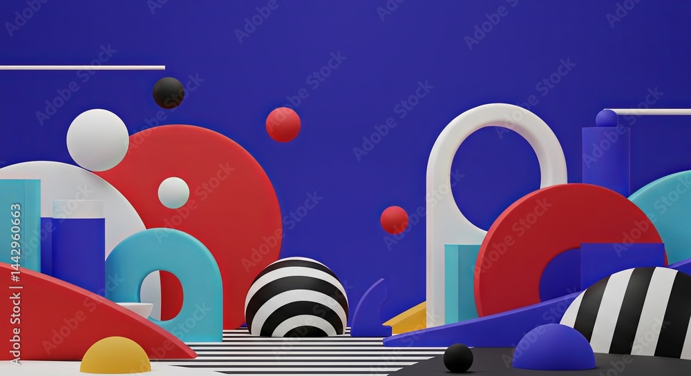 Poster A colorful abstract painting with many different shapes and sizes of balls