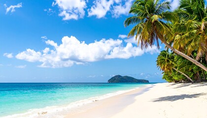 Beautiful tropical beach banner. White sand and coco palms travel tourism wide panorama back 