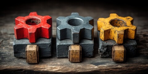 Work Planning and Goal Setting Concept. Colorful Gear Shapes in Industrial Setting on Wooden Surface with Rustic Background