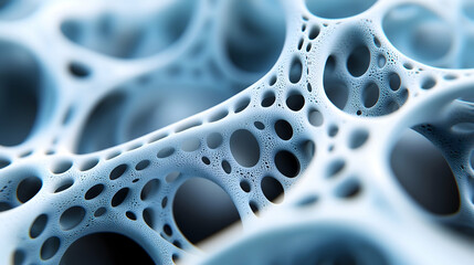 Abstract porous interconnected structure light blue hue with rounded holes and intricate surface details