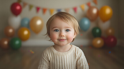 A cute toddler with fair hair in front of balloons and a colorful bunting banner smiles gently for the camera