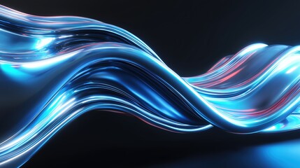 Abstract Blue Glowing Wave with Neon Light Effect on Dark Background, Futuristic 3D Rendered Wavy Shape Design Element for Banner, Poster, or Advertising Copy Space. Digital Art, Modern Tech Aesthetic