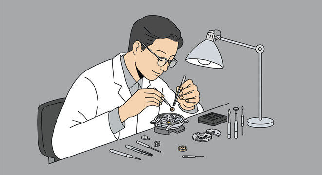 Watchmaker Repairing Gears - Precise Vector Illustration