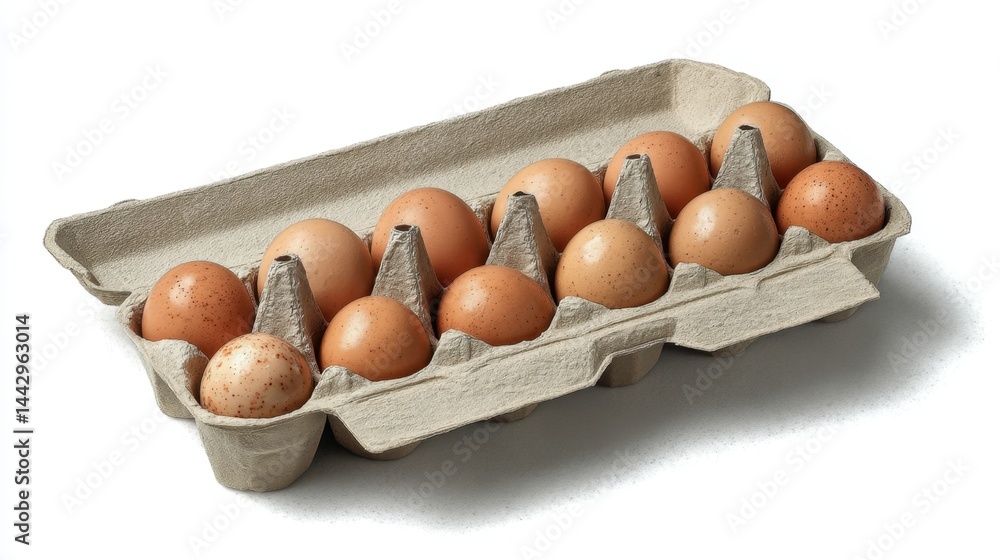 Poster a dozen brown eggs in a recycled cardboard carton on a white background displaying freshness and nat
