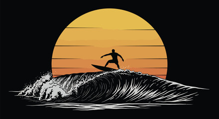 Surfer Silhouette Sunset Wave Minimalist Vector