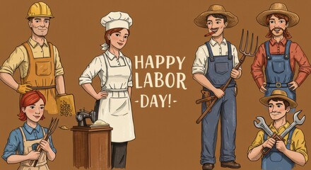 Illustrated workers: Construction, culinary, farming, and manufacturing trades celebrate Labor Day.