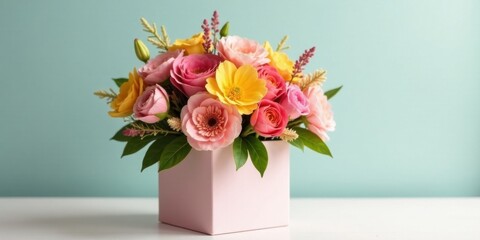Fototapeta premium Vibrant spring bouquet of roses, gerbera daisies, and other blossoms arranged in a pastel pink square box, perfect for a celebratory gift or home decor