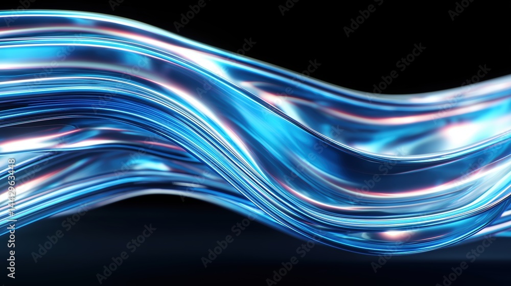Poster abstract blue glowing wave with neon light effect on dark background, futuristic 3d rendered wavy sh