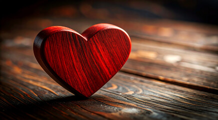 Extreme Close-up of a wooden red heart shape on a dark wooden background with copy space. Generative Ai.