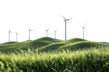 Wind turbines and grassy hills flora isolated against transparent background. Natural energy concept PNG

