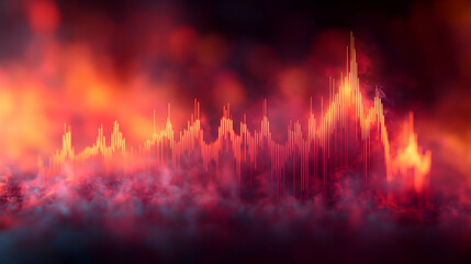 An abstract representation of sound waves with an orange and red color palette and hazy visuals