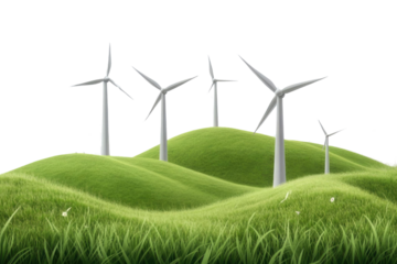 Wind turbines and grassy hills flora isolated against transparent background. Natural energy concept PNG

