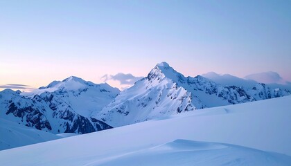 Fototapeta premium Majestic peaks cloaked in fresh snow, low drifting clouds brushing the highest points, soft winter twilight bathing the scene,