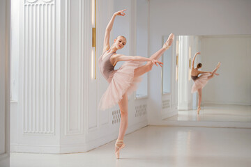 ballerina performs a graceful dance in a rehearsal studio, demonstrating posture and elegance. The...