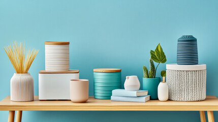 Serene Home Interior: Decorative Pottery and Plants on Wooden Shelf against a Blue Wall