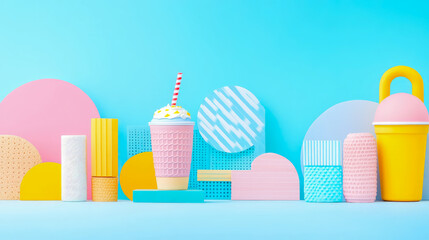 Summer Refreshment: Playful Scene with Pastel Drink and Geometric Figures