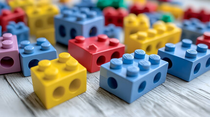 Obraz premium Assortment of colorful toy building blocks on a weathered white wooden surface