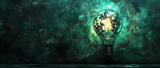 Glowing light bulb containing abstract puzzle pieces, symbol of inventive problemsolving, dark green textured background, ultradetailed and vivid conceptual illustration
