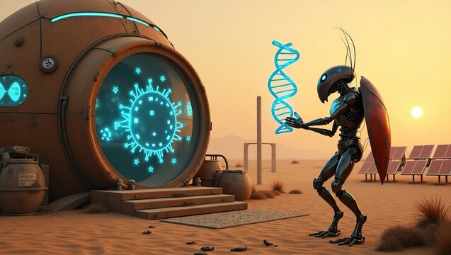 A futuristic metallic insectoid robot examines DNA, set against a desert scene with advanced technology.