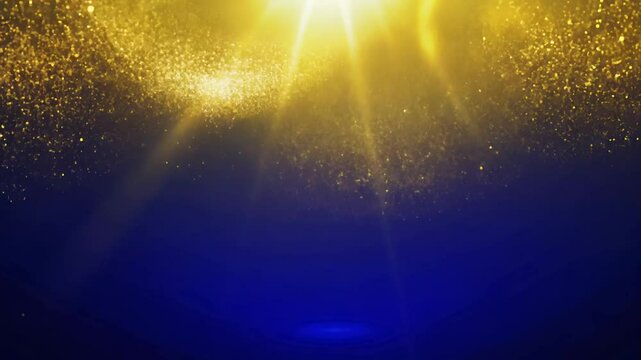 Seamless golden bokeh particles gently drifting across a dark royal blue background, occasional warm light flares for a grand, celebratory feeling