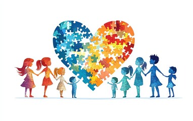 Diverse family holding hands around a colorful heart puzzle.