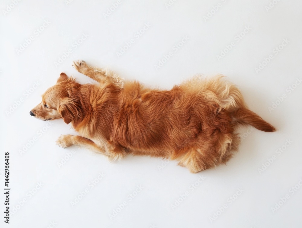 Poster overhead view of a golden retriever dog lying on its side against a white background in a studio set