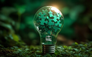 Puzzle pieces assembling inside a bright light bulb on a rich dark green background, symbolizing innovation, creativity, and problemsolving, highresolution, cinematic lighting