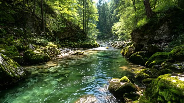 【AI動画】深山の森林に囲まれた渓谷の苔むす清流、緑に包まれた穏やかに流れる川