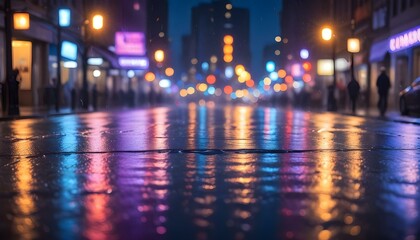 Obraz premium A rainy night in the city, showcasing vibrant reflections of neon lights on the wet pavement.