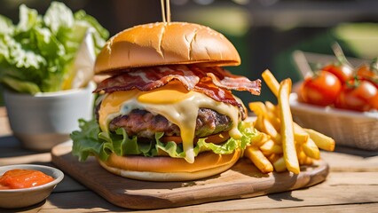 Juicy Cheeseburger with Crispy Fries – Classic Fast Food Combo Featuring Grilled Patty, Toppings, and Golden Fried Potato Sides French Fries