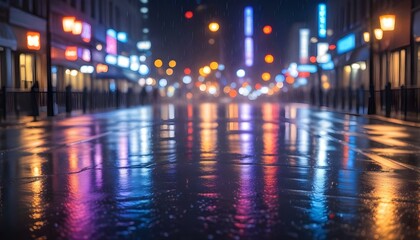 A rainy night in the city, with lights reflecting on wet streets creating an alluring ambiance.