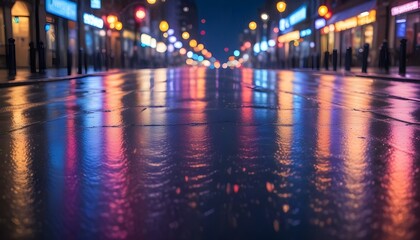 Obraz premium Night scene of a wet city street, with neon lights reflecting on the pavement, creating a magical ambiance.