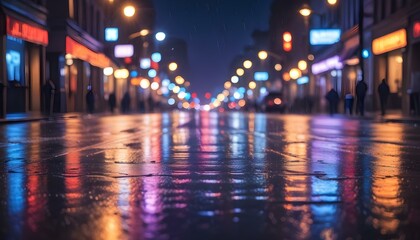 The city lights reflect on a wet street during a rainy night, creating a beautiful atmosphere.