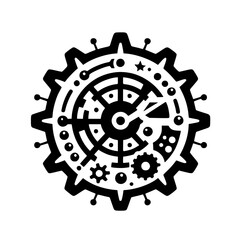 Intricate Abstract Gear Icon with Clock Hands and Mechanical Details - Black & White Symbol