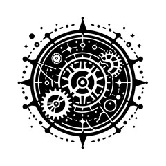 Intricate Steampunk Compass Gearwork Illustration, Black and White Graphic Design Element