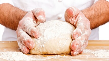 Hands Kneading Dough on a Wooden Surface with Flour Dust