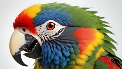 The majestic and colorful parrot exhibits its beautiful feathers and a striking gaze in detail.