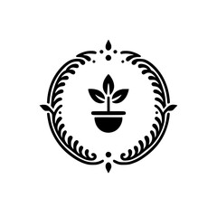 Stylized Potted Plant in Elegant Circular Frame Illustration - Black and White Nature Icon