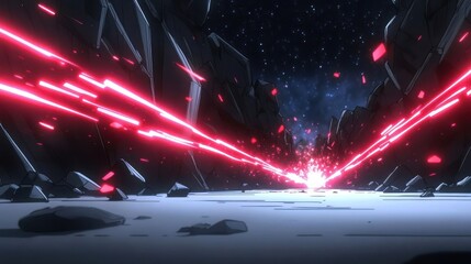 A dramatic scene depicting energy beams cutting through a rocky landscape.