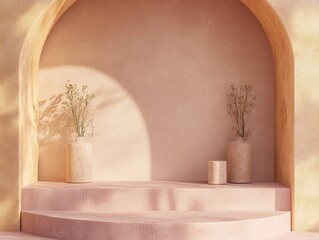 Elegant, muted pastel interior display space with potted plants.