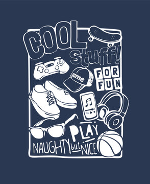 cool stuff slogan with items line art graphic vector illustration drawn by hand