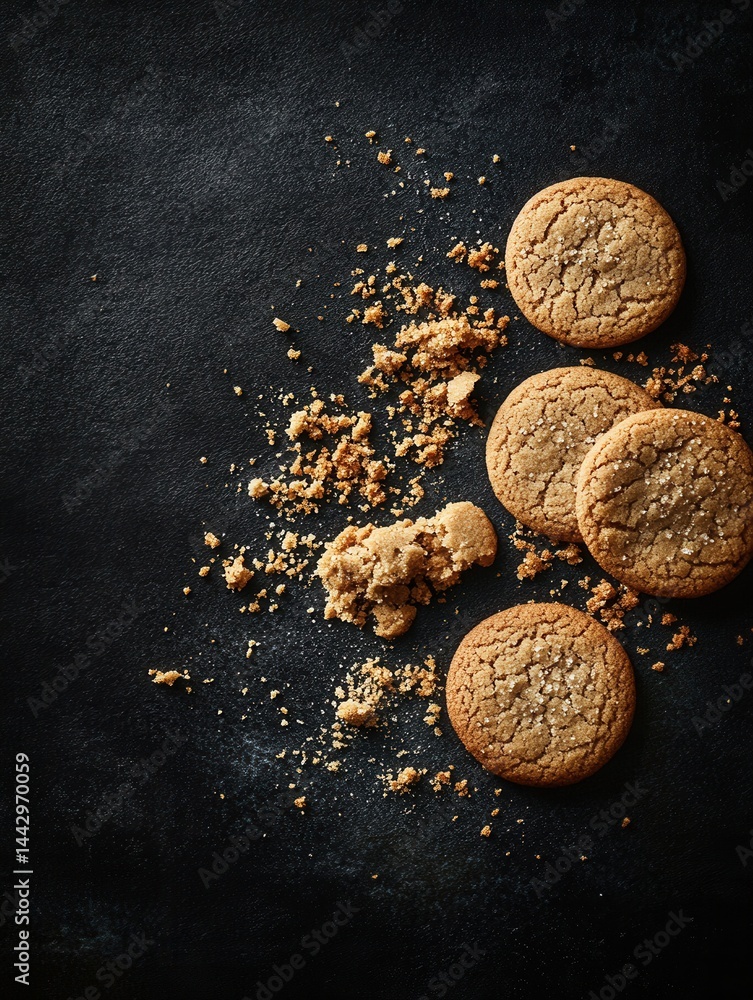 Poster delicious ginger cookies on a dark stone surface with crumbly bits creating a warm and inviting mood