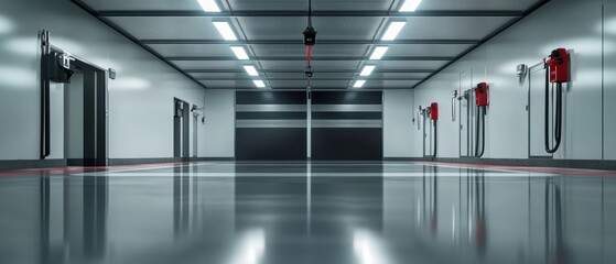 Fototapeta premium Bright illuminated interior of modern industrial warehouse reflecting on clean floor surfaces storage