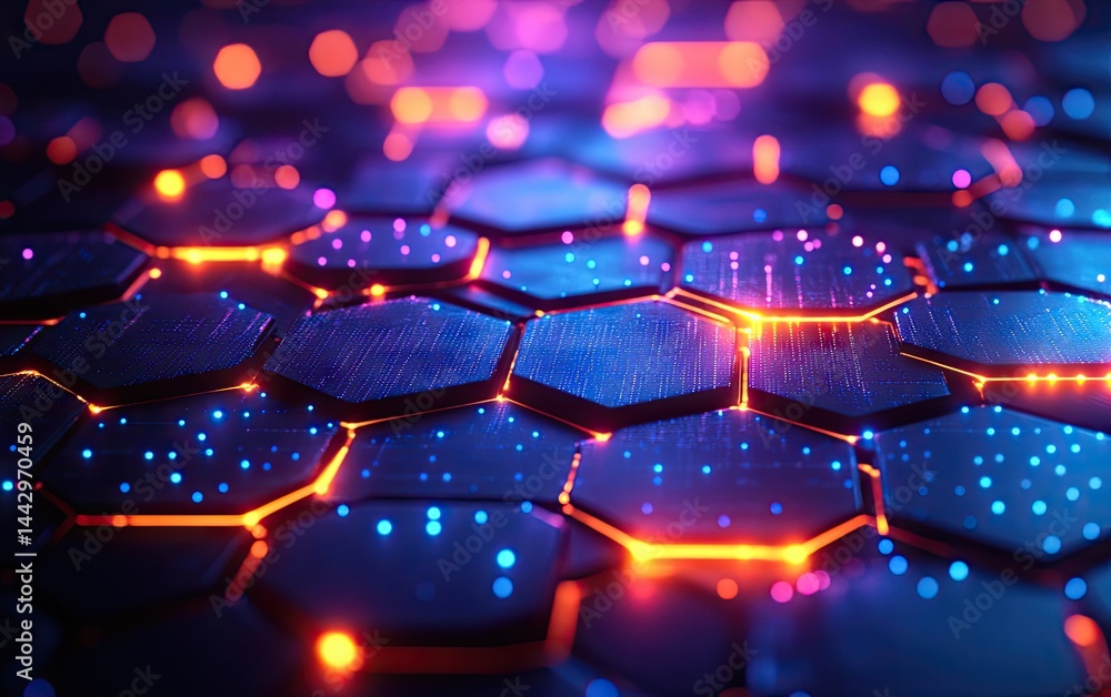 Poster abstract honeycomb pattern with glowing lights.