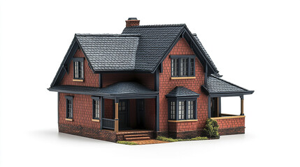 model house with charming design, featuring brick exterior and sloped roof, evokes warmth